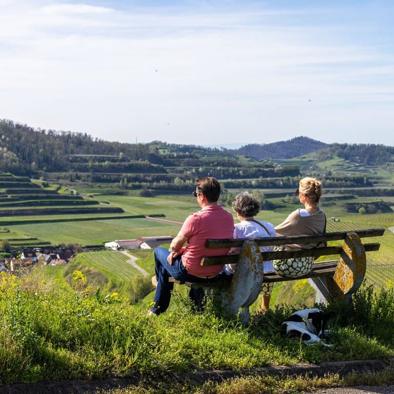 Drei Menschen sitzen auf einer Bank, mit Blick auf den Kaiserstuhl.