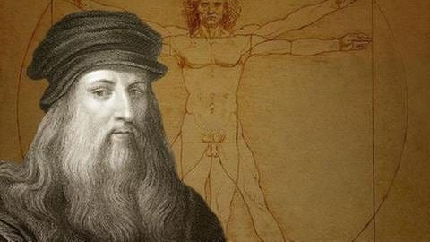 Zeichnung Vitruvianischer Mann, davor Leonardo da Vinci (Archivfoto)