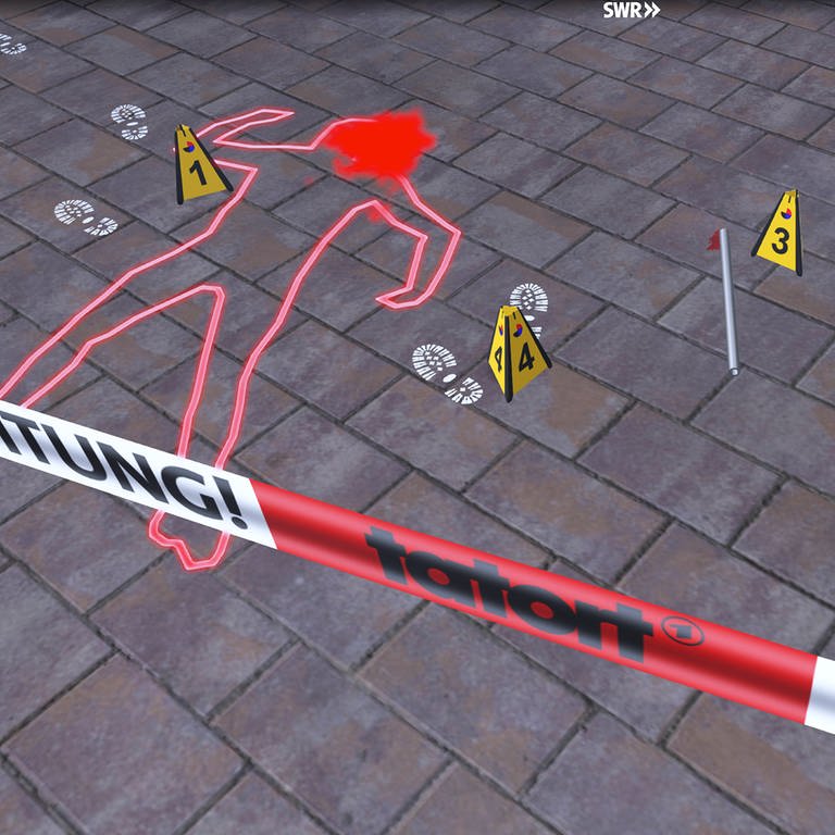 SWR Virtuell: Ein Tatort zeigt die auf den Asphalt gezeichneten Umrisse eines Menschen, abgesperrt von einem weiß-roten Tatort-Plastikband. Mit SWR Virtuell in die Welt des SWR eintauchen, die Grenzen zwischen digitalem und realem Erlebnis verschmelzen.