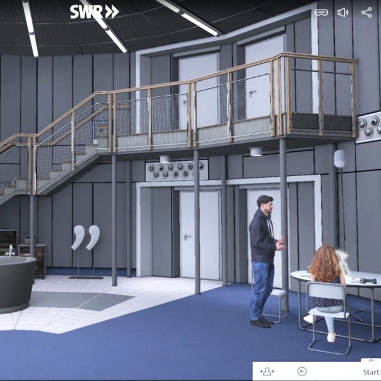 Virtuelles Hörspielstudio, in dem rechts ein Mann und eine Frau an einem Tisch stehen bzw. sitzen. Den SWR erleben mit "SWR Virtuell" unter virtuell.swr.de.